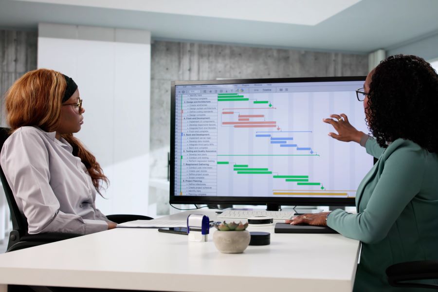 Two women sit at a desk and review a gantt chart on a computer screen