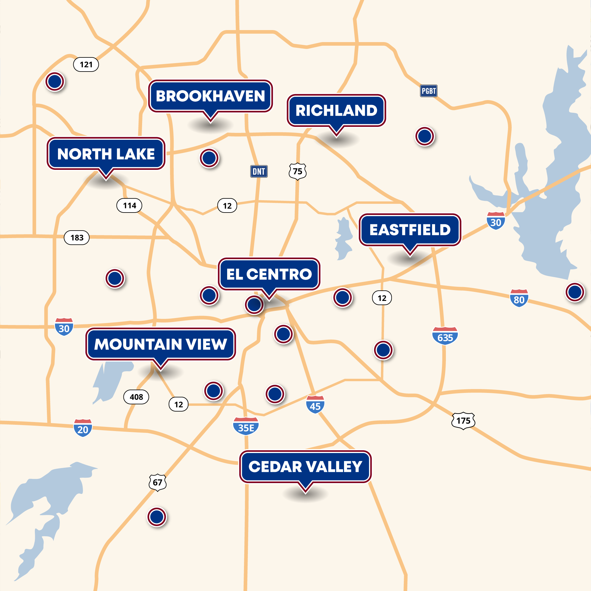 Map of Dallas County showing the general location of each of our campuses.