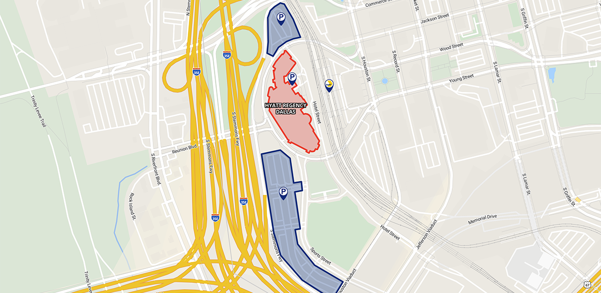 A visual map of parking and DART location for Hyatt Regency Hotel.