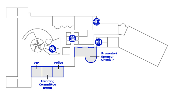 A visual map of the Second Floor (Atrium) at the Hyatt Regency highlighting the location of breakout sessions, police, VIP room and planning committee room.