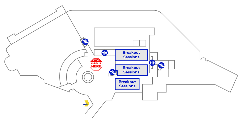 A visual map of the Lower (Exhibition) Level at the Hyatt Regency highlighting the location of breakout sessions, bathrooms and escalators.