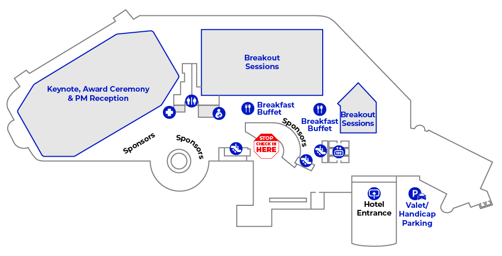 A visual map of the First Floor (Lobby) at the Hyatt Regency highlighting the location of keynote room, breakout sessions, bathrooms, sponsors, entrance and escalators.