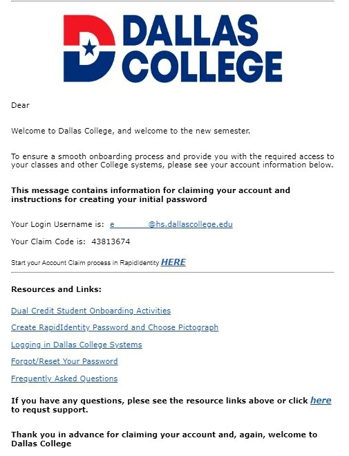 example of welcome to dallas college email