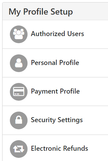 vertical menu with options top to bottom: authorized users, personal profile, payment profile, security settings, electronic refunds