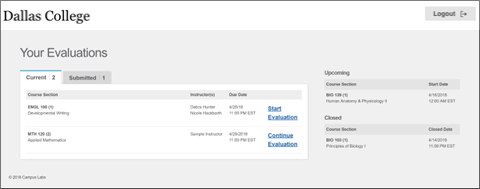 Student Dashboard example with 2 current evaluations highlighted