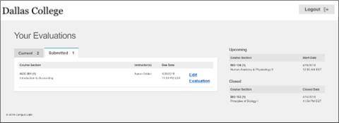 Student Dashboard example with 1 submitted evaluation highlighted