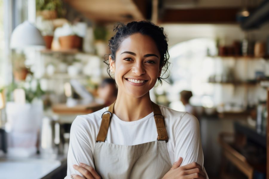 Woman working in a coffee shop with an apron and arms crossed