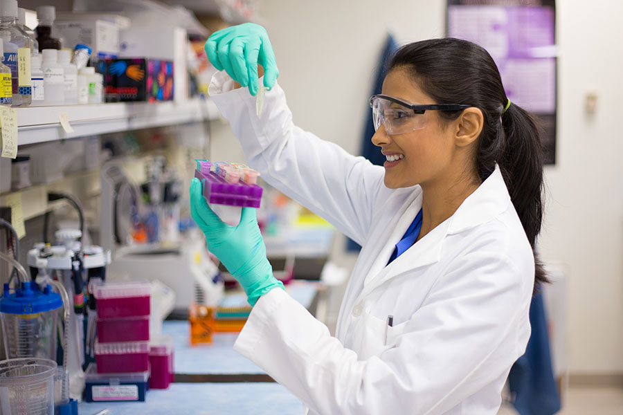 Lab tech inspecting test vials